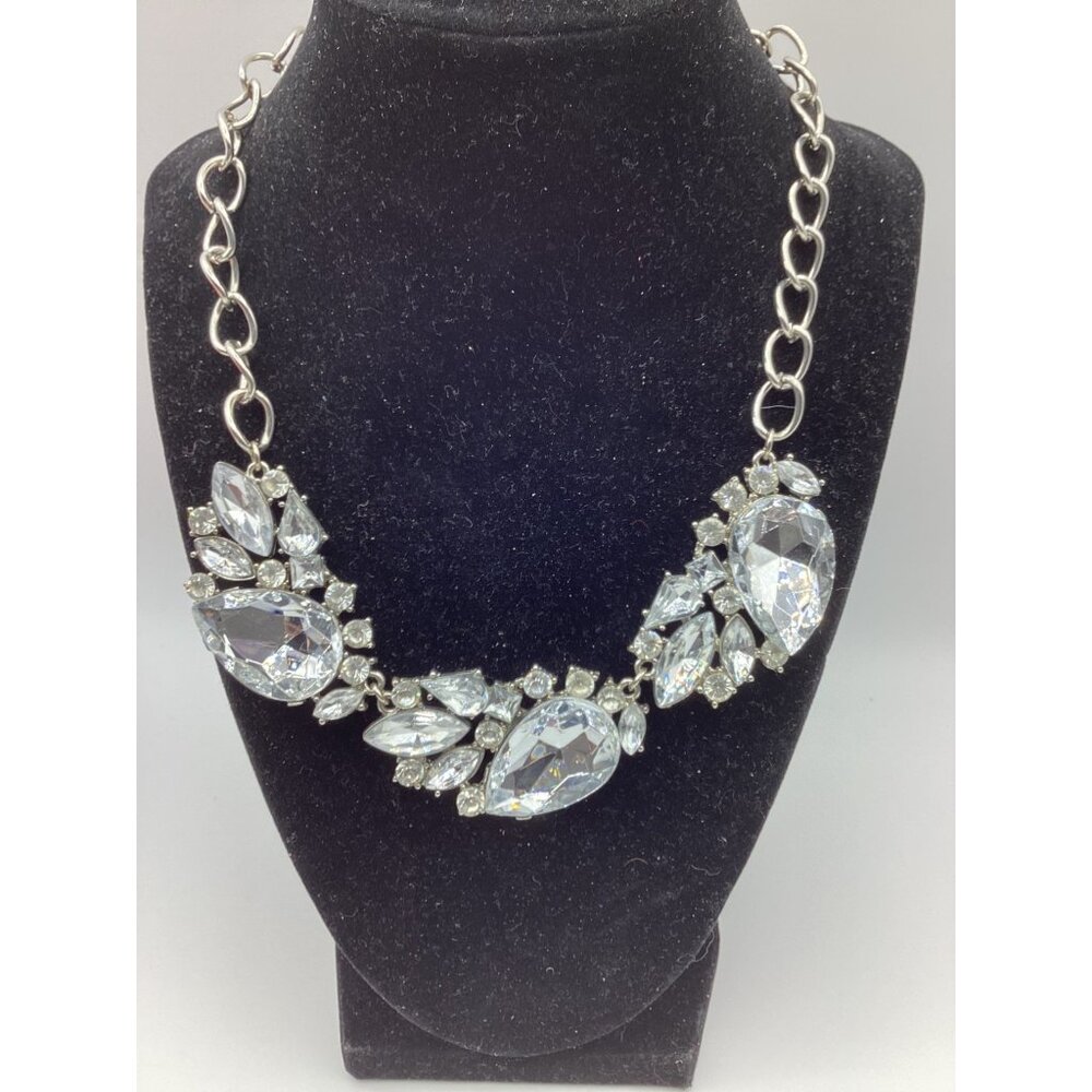 Crystal Art Deco Bib Necklace-Silver Tone Faux Crystal